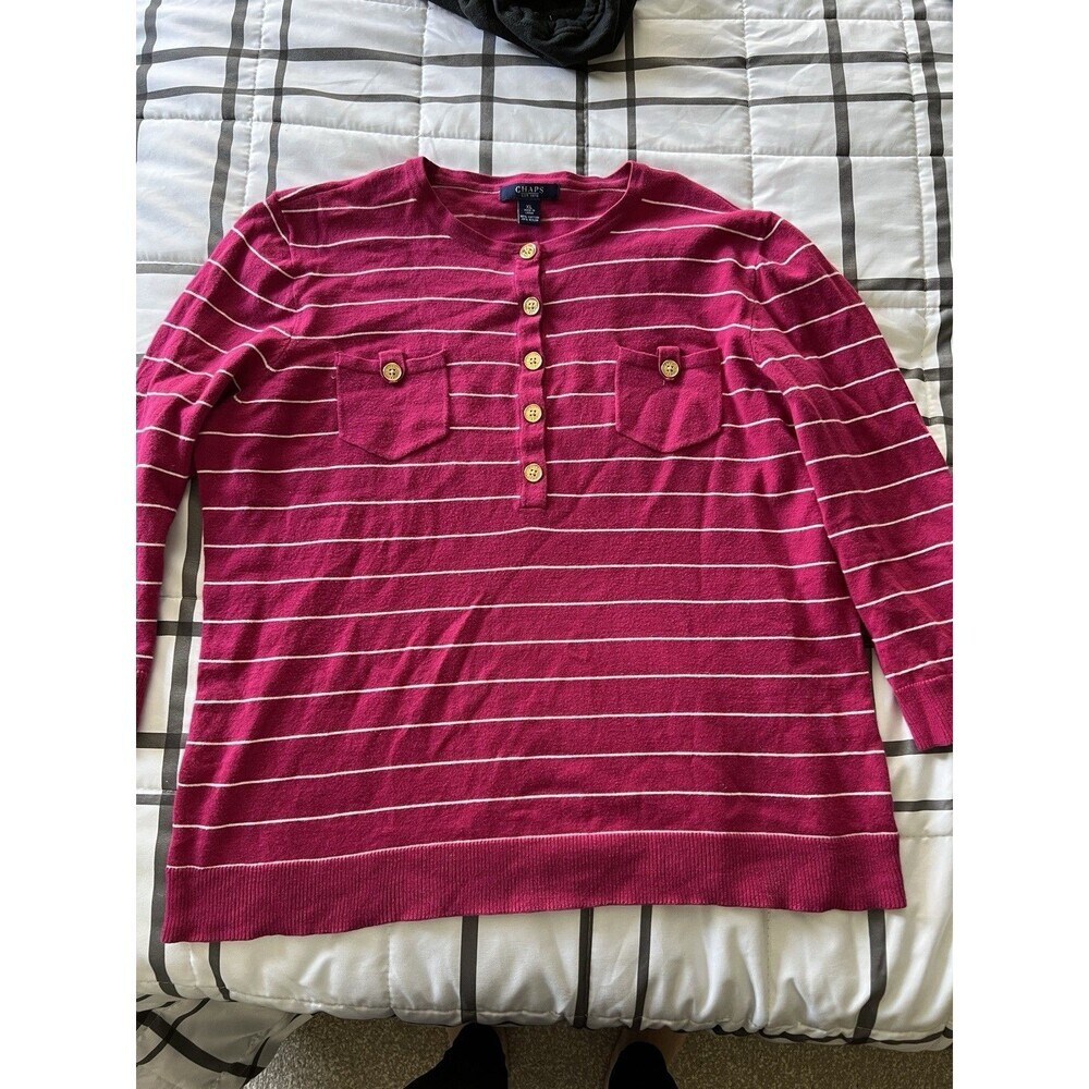 Chaps Gold Buttoned Sweater sz X-LARGE Prep‎ Fuchsia 3/4 Sleeves Pocket Preppy